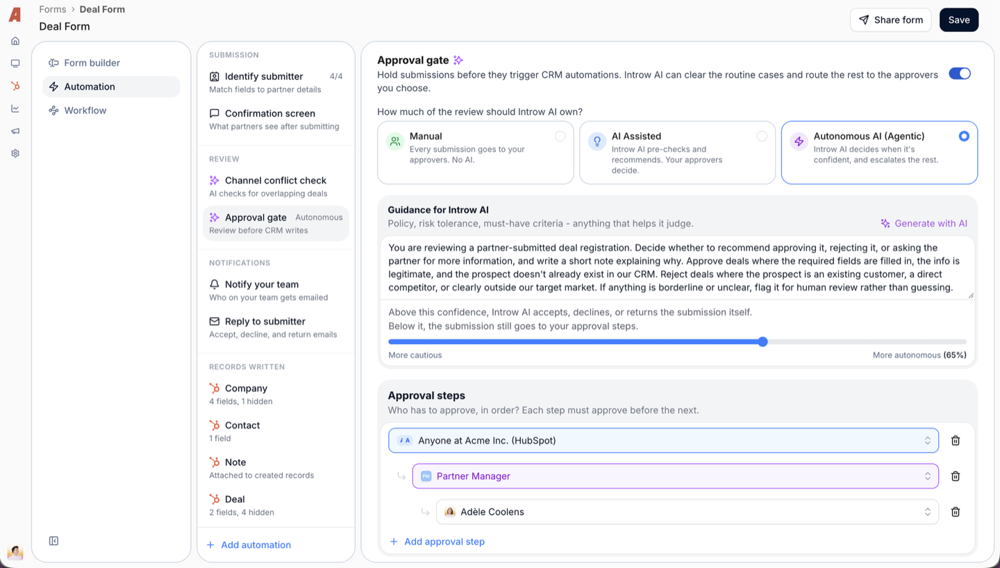 A form's Approval gate set to Autonomous AI, with Manual, AI Assisted and Autonomous AI beside each other, the plain-language guidance Introw AI judges against, the confidence it has to clear to act, and three approval steps in order.