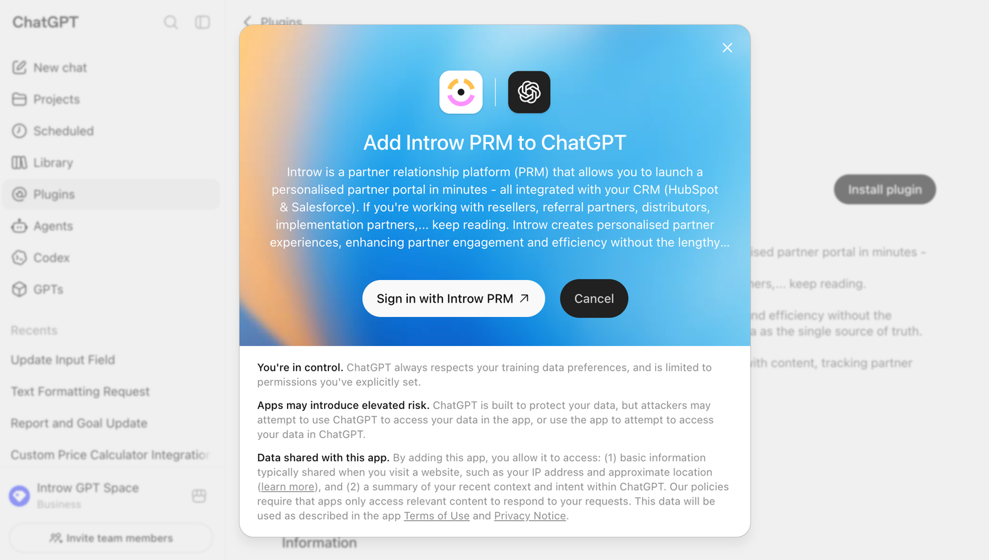 ChatGPT's Add Introw PRM dialog, where Sign in with Introw PRM starts the OAuth sign-in and the panel below lists what the app can access.