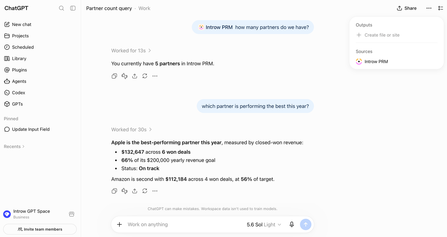 A ChatGPT conversation answering partner questions from live Introw data, with Introw PRM listed under Sources.
