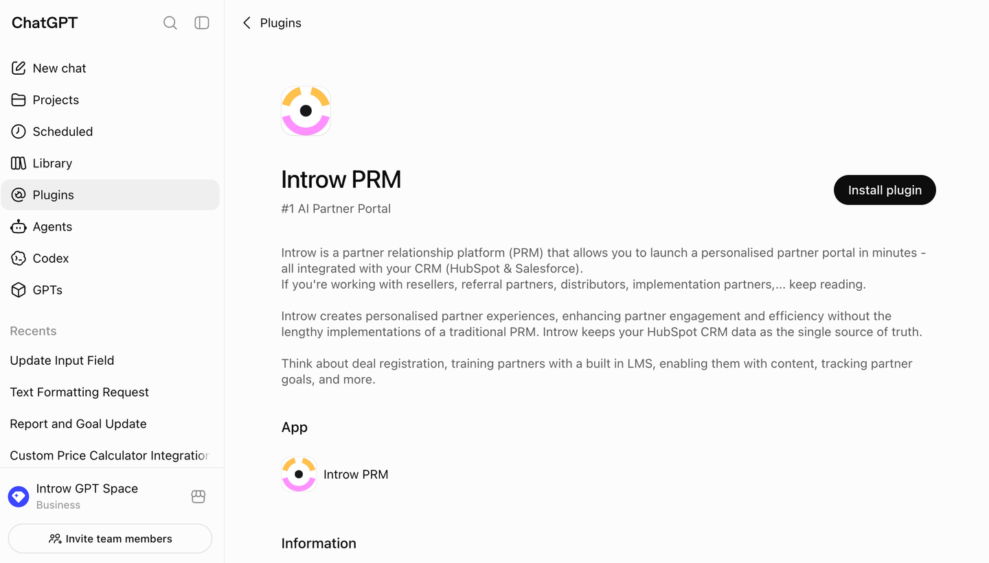 Introw PRM's listing in the ChatGPT plugin directory, with Install plugin at the top right of the page.