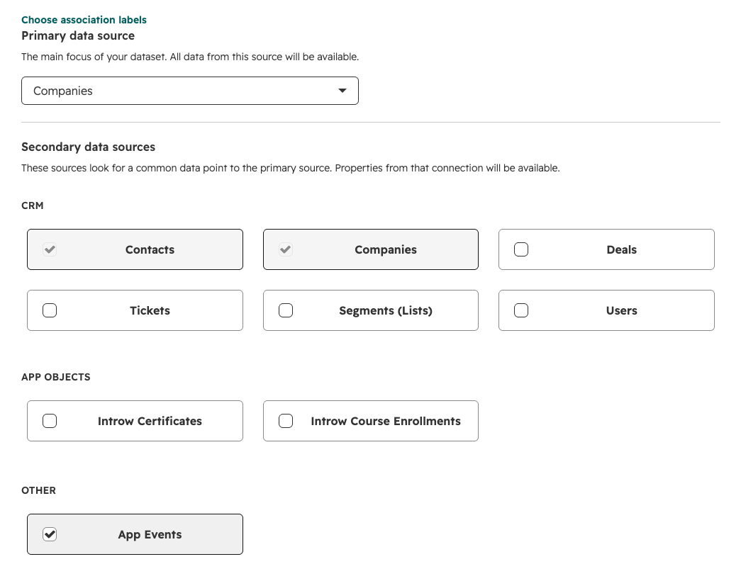 HubSpot's data source picker with Companies as the primary source, Contacts and Companies checked under CRM, the Introw Certificates and Introw Course Enrollments app objects, and App Events checked under Other.