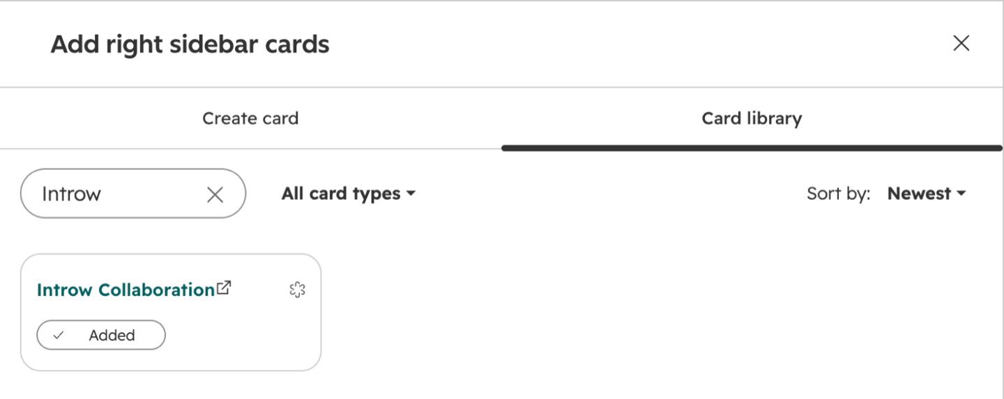 HubSpot's Add right sidebar cards panel on the deal record layout, with Introw searched in the Card library and the Introw Collaboration card marked Added.