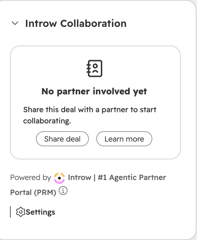The Introw Collaboration card on a HubSpot deal with no partner linked yet, reading No partner involved yet with a Share deal button.