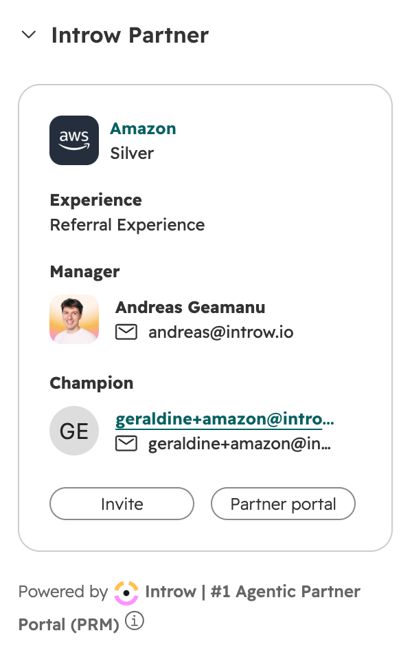 The Introw Partner card on a HubSpot company record, showing the partner's tier, experience, partner manager and champion, with Invite and Partner portal buttons.