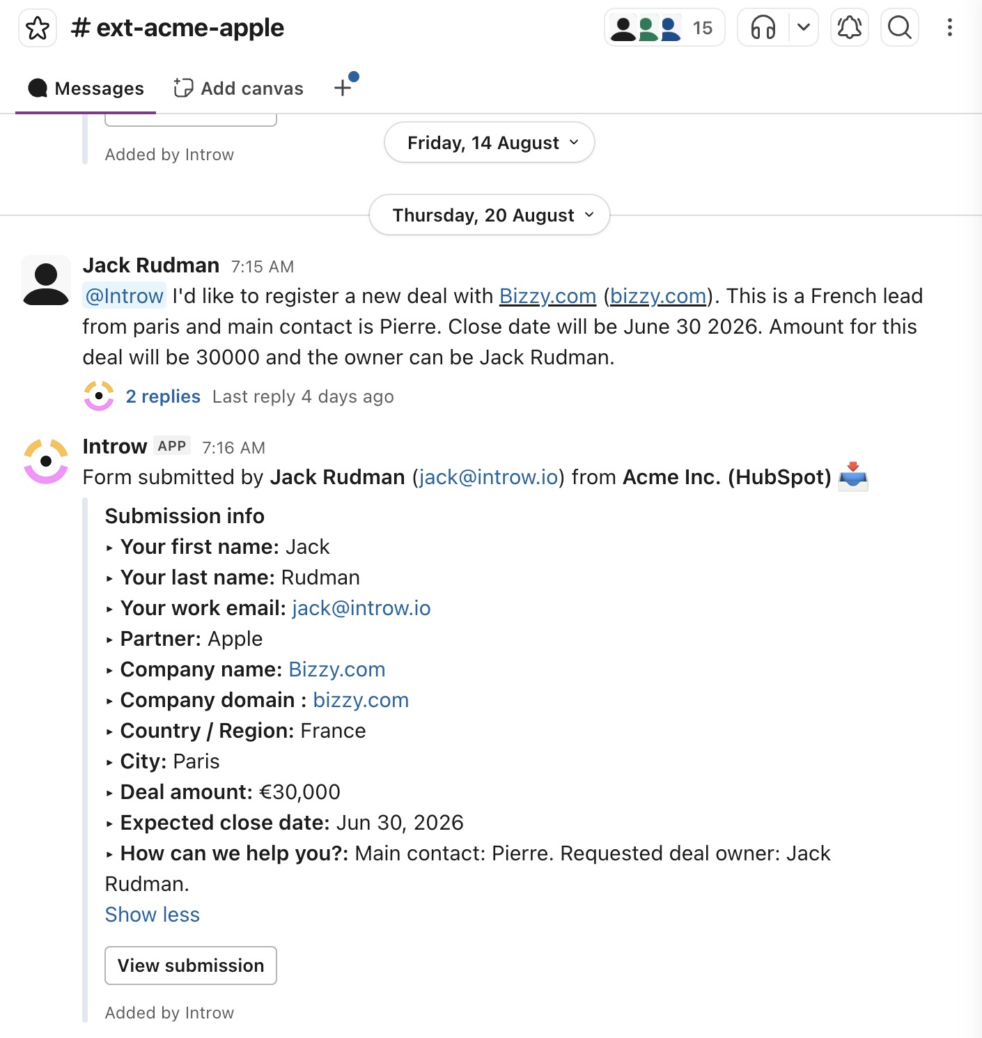 Introw posting a partner's form submission into their shared Slack channel, with every submitted field and a View submission button.