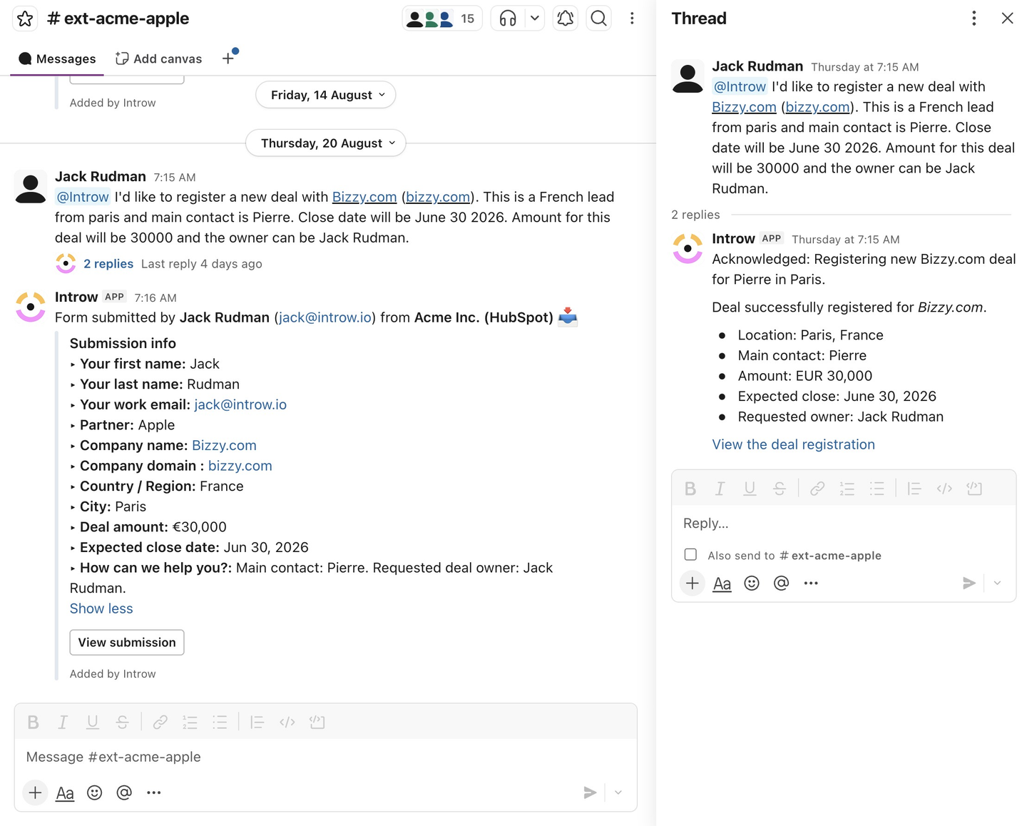 A partner rep registering a deal in one sentence in the shared Slack channel, with the Introw agent confirming the registered deal in the thread and posting the submitted form in the channel.