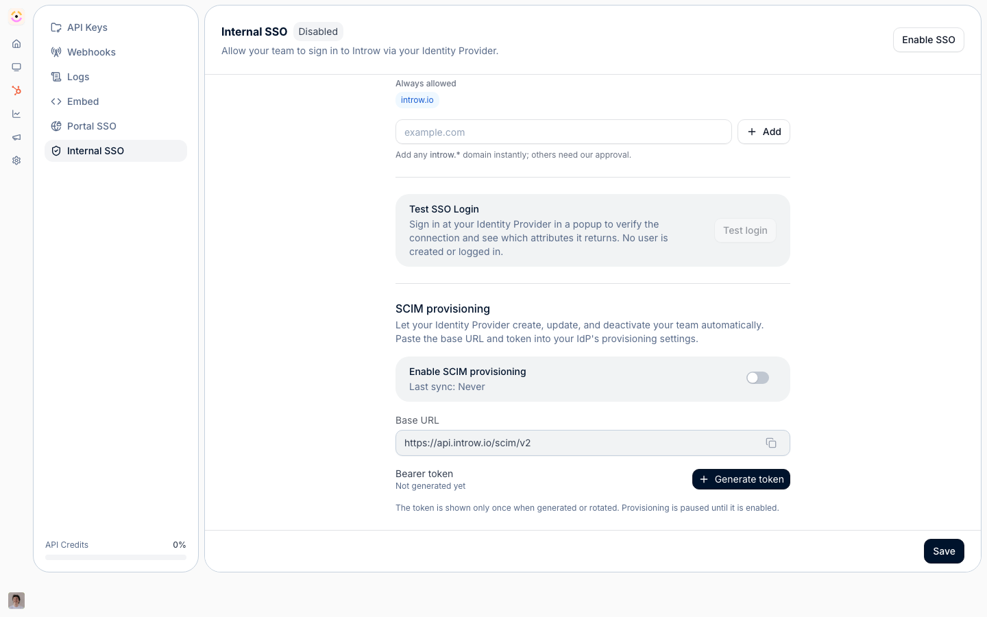 The internal SSO settings with the SCIM provisioning section, where provisioning is switched on and the base URL and bearer token an identity provider needs are generated.
