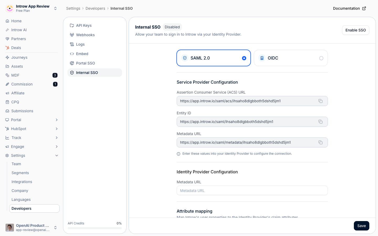 The Internal SSO page scrolled to allowed domains and SCIM provisioning, where directory sync is turned on.