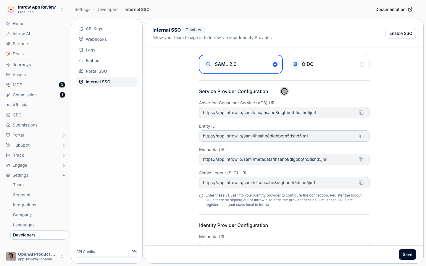 Paste the ACS URL, Entity ID, and Metadata into a new SAML app in your identity provider.