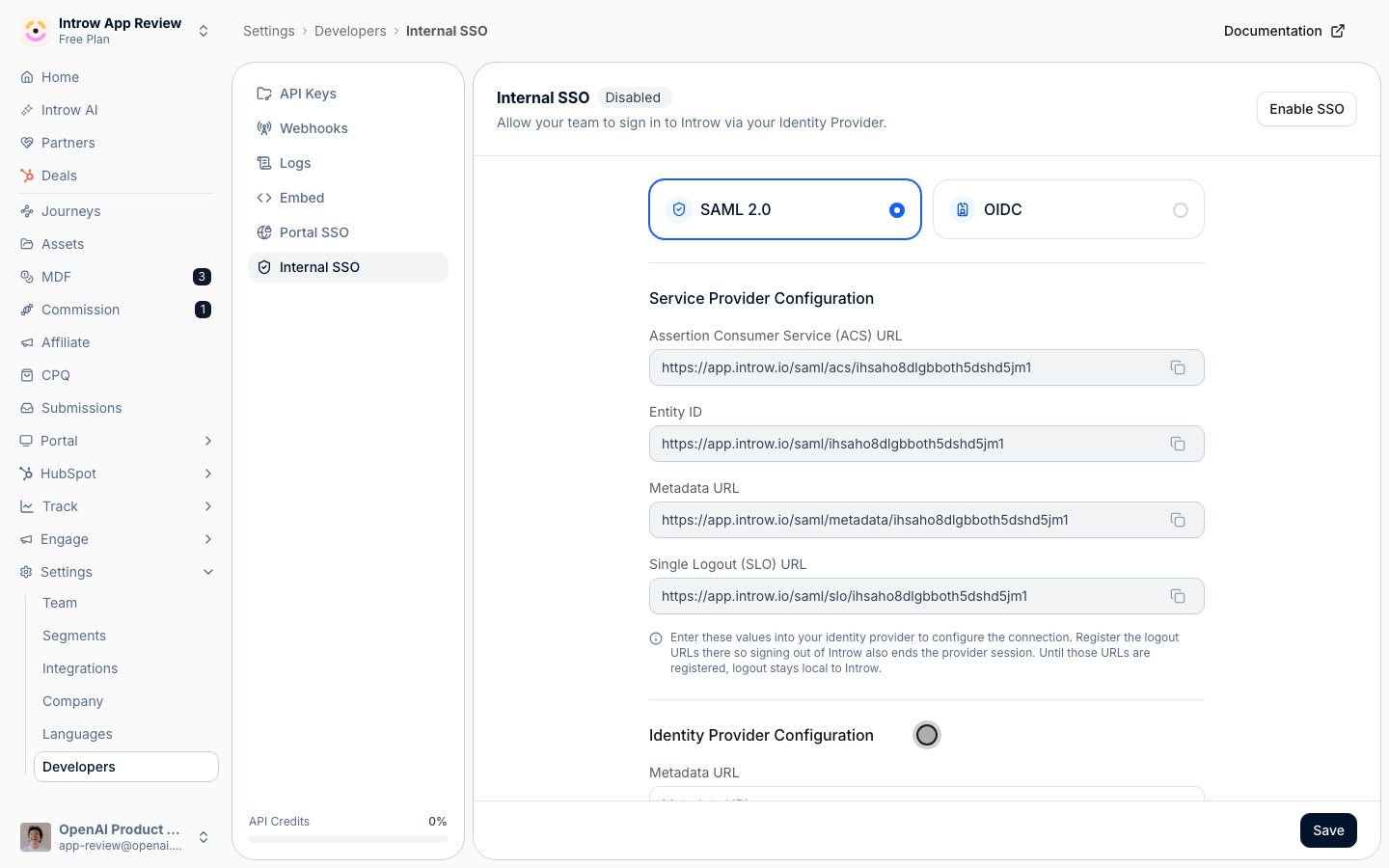 Introw fetches and validates the URL is real SAML metadata before it saves.