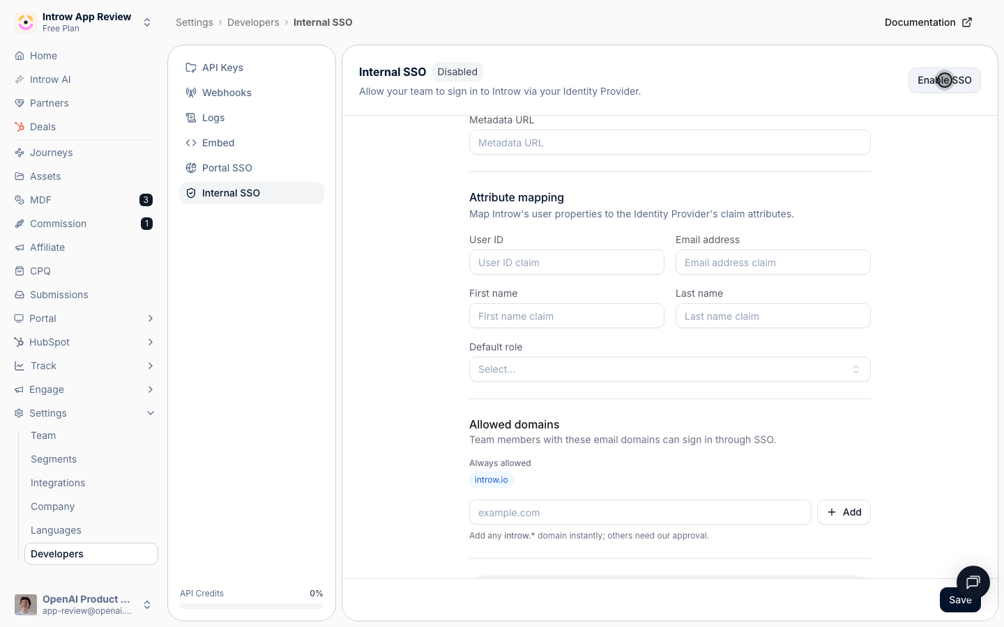 Once tested, Enable SSO requires the whole team to sign in through your provider: one-way, so it's shown, not flipped.