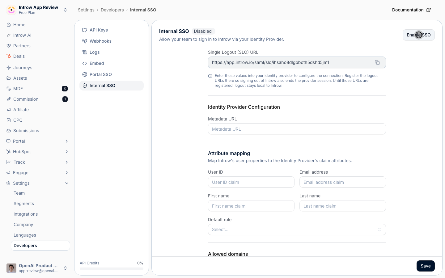 Once tested, Enable SSO requires the whole team to sign in through your provider: one-way, so it's shown, not flipped.