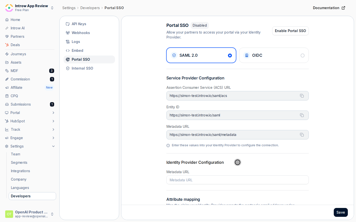 Save the partner's metadata URL