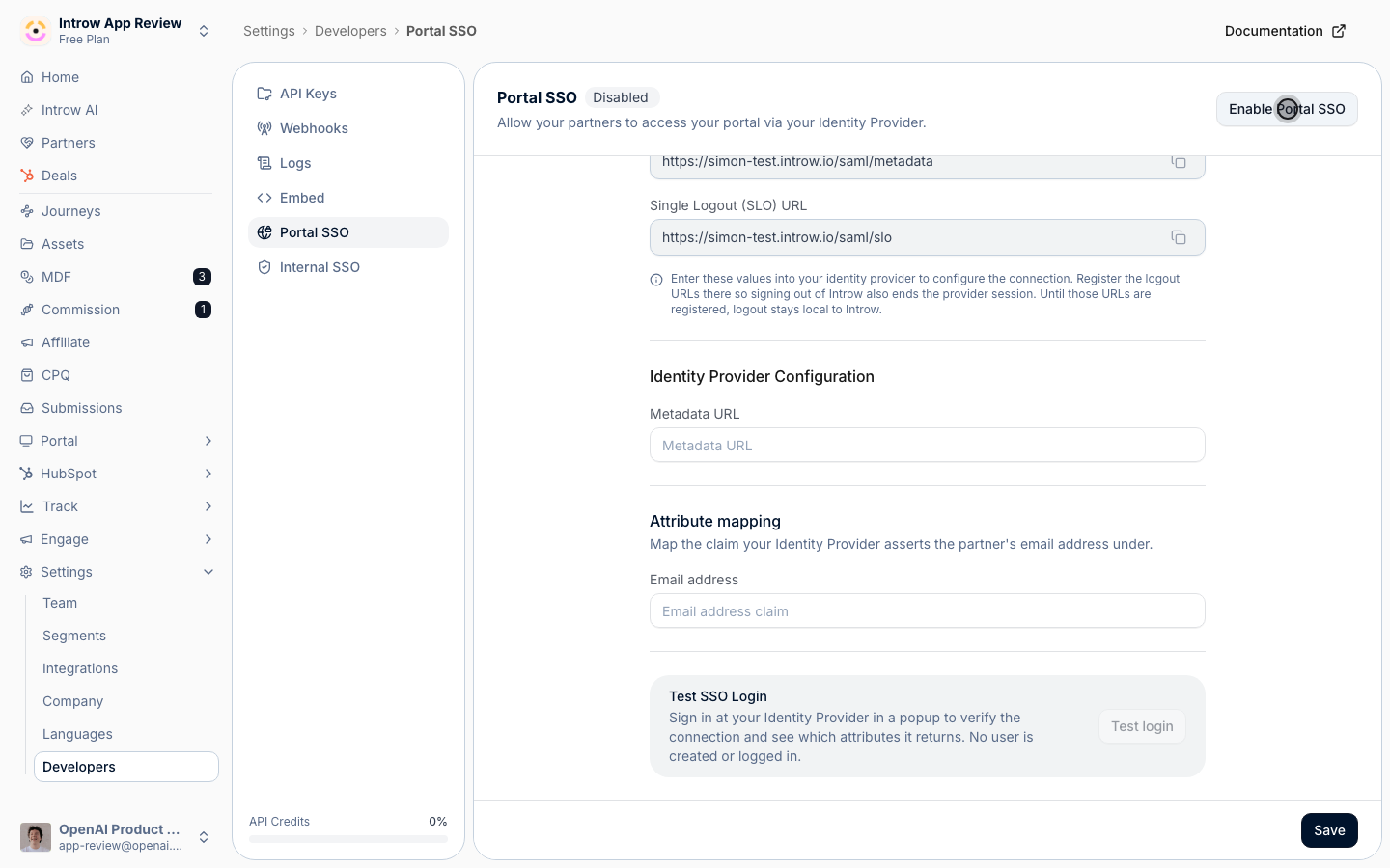 Turning on portal SSO makes the partner IdP the only sign-in, with no fallback, so confirm metadata and user assignment first.