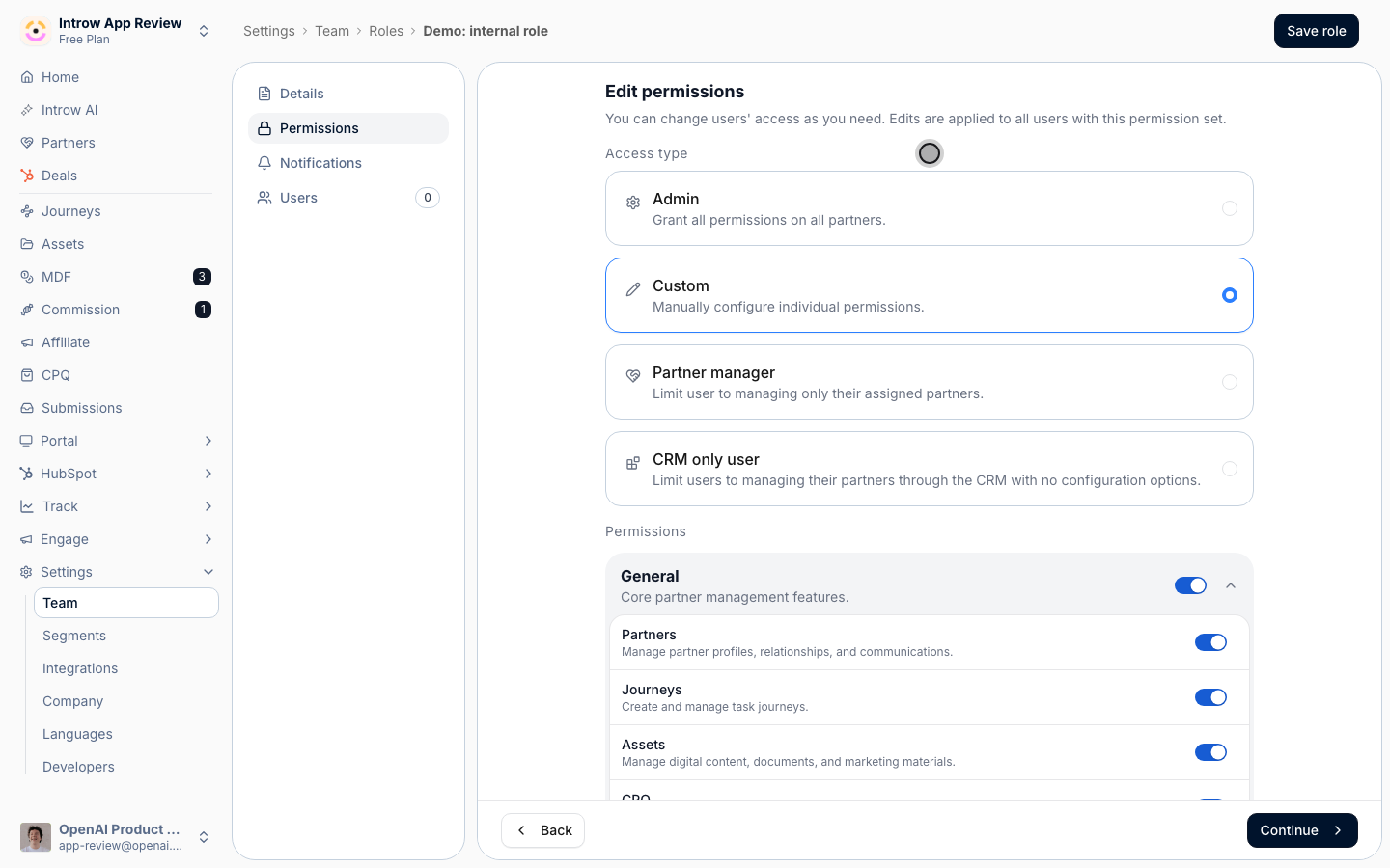 Admin grants everything; Partner manager scopes the user to only their assigned partners; CRM only user works entirely from the CRM; Custom lets you grant categories one by one.