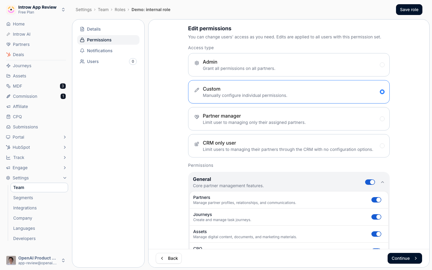 Admin grants everything; Partner manager scopes the user to only their assigned partners; CRM only user works entirely from the CRM; Custom lets you grant categories one by one.