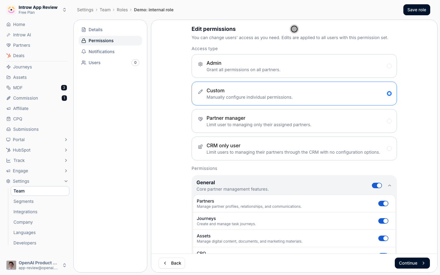 Permissions are grouped into General, Portal, Commissions, Track, Engage, and Settings. Turn on only the areas this role should reach.