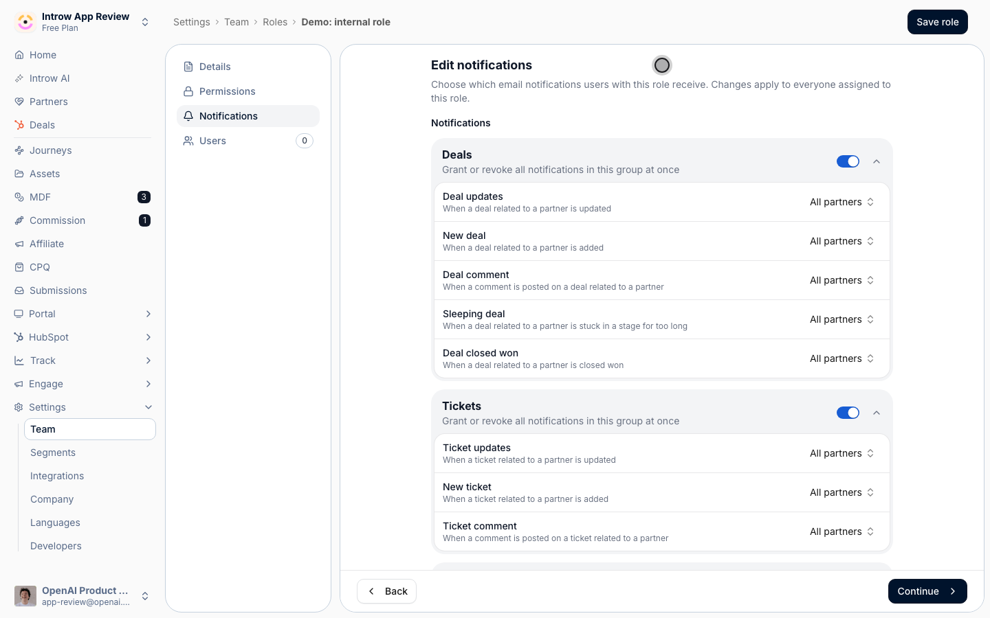 Choose which email notifications everyone in this role receives; set them for the job, not one person.