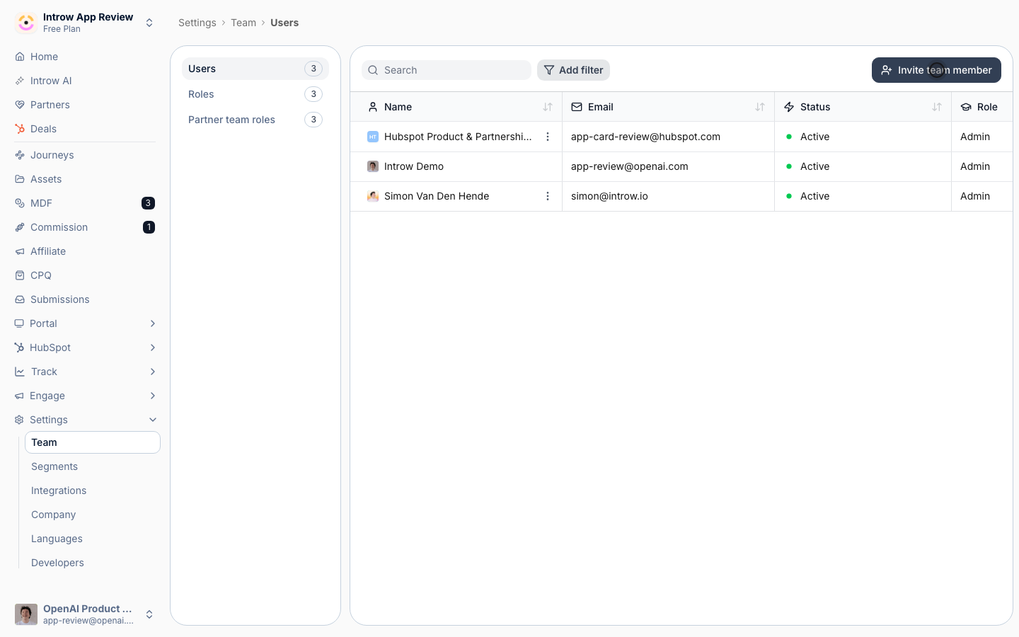 The Users tab lists everyone with their status, role, and invite date.