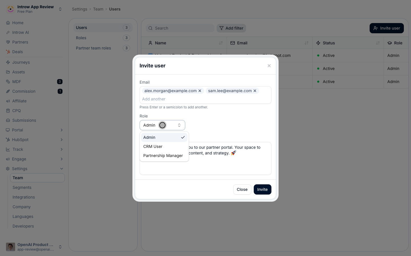 The Role picker open with Admin, CRM User and Partnership Manager.