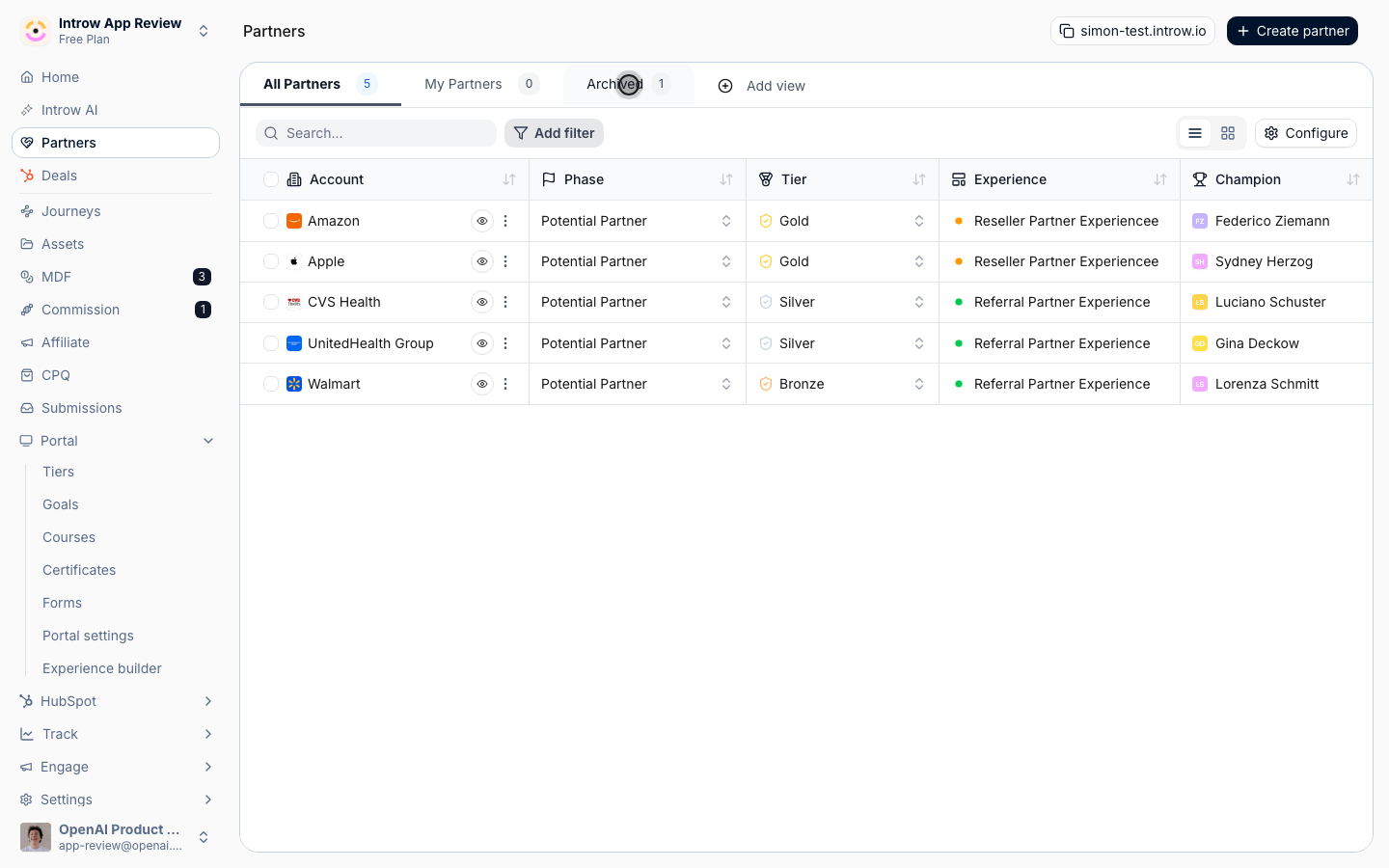 On a partner's Team card, add a member and pick the role, or select many partners and set the role in the bulk editor.