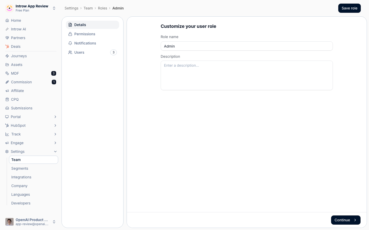 A role opened from Team settings, showing the access type it grants and the permissions it switches on.