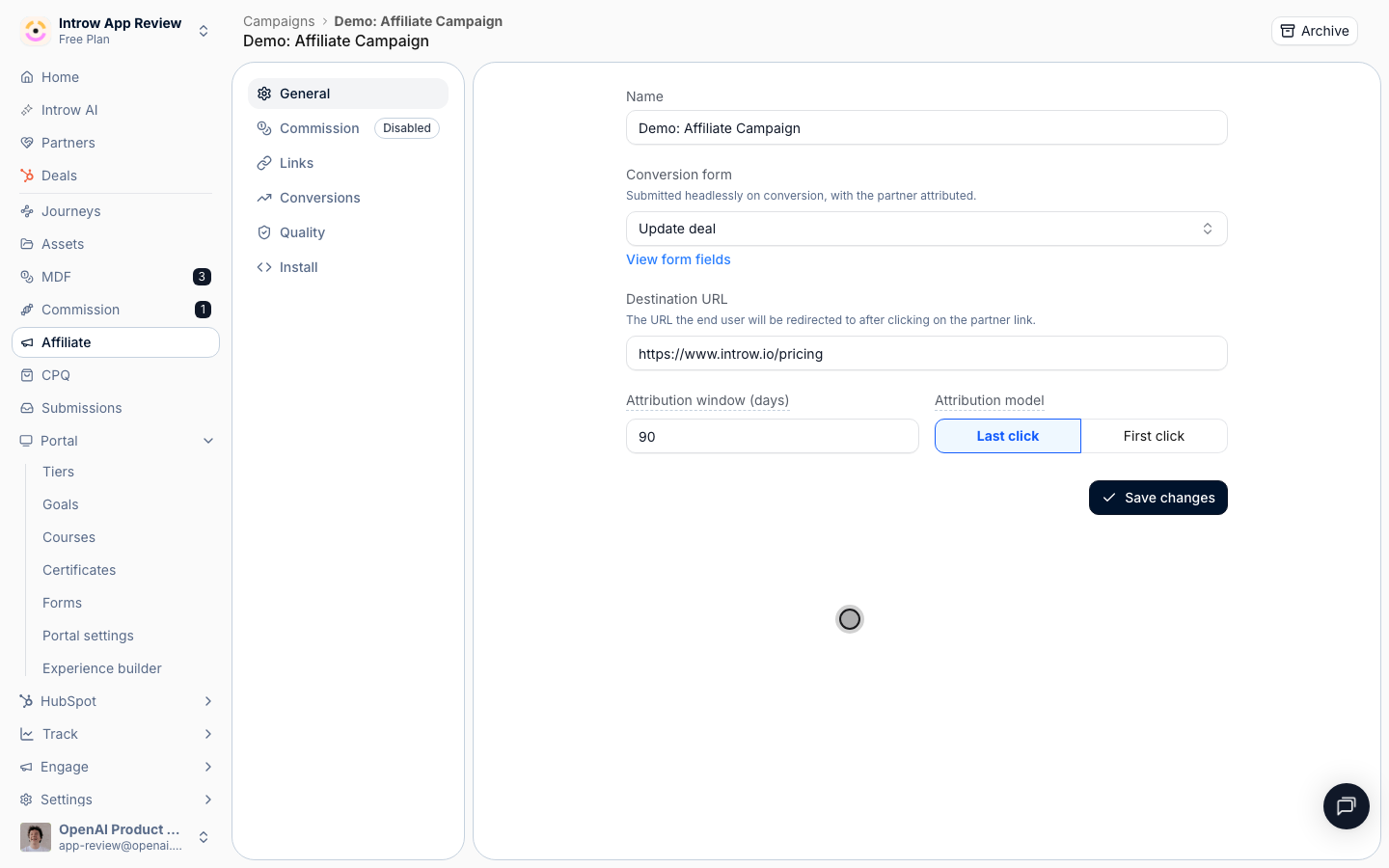 Create the campaign: it opens ready to configure, with a tracked link generated for each partner you enroll.
