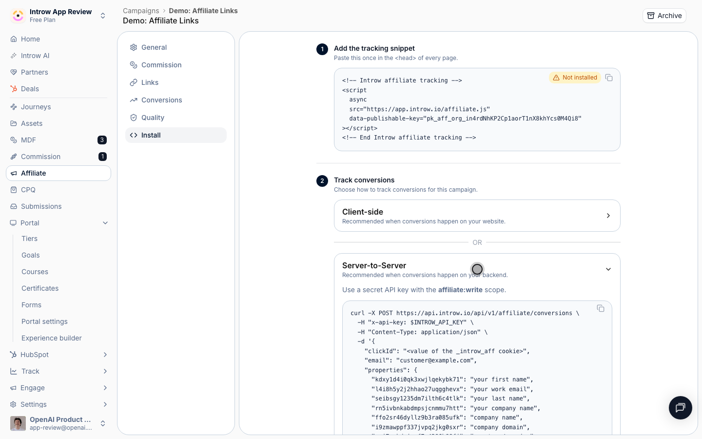 Expand Server-to-Server to see the exact request shape and a link to create a secret affiliate:write API key.