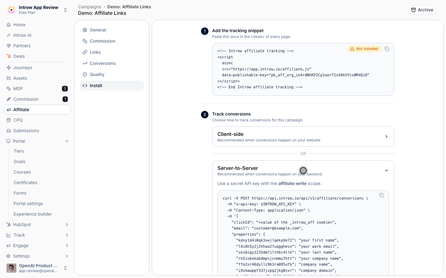 Expand Server-to-Server to see the exact request shape and a link to create a secret affiliate:write API key.
