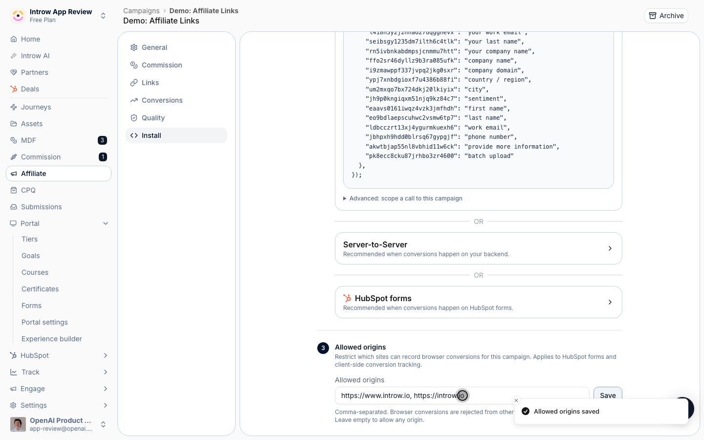 List your own sites so browser conversions from anywhere else are rejected, then Save.