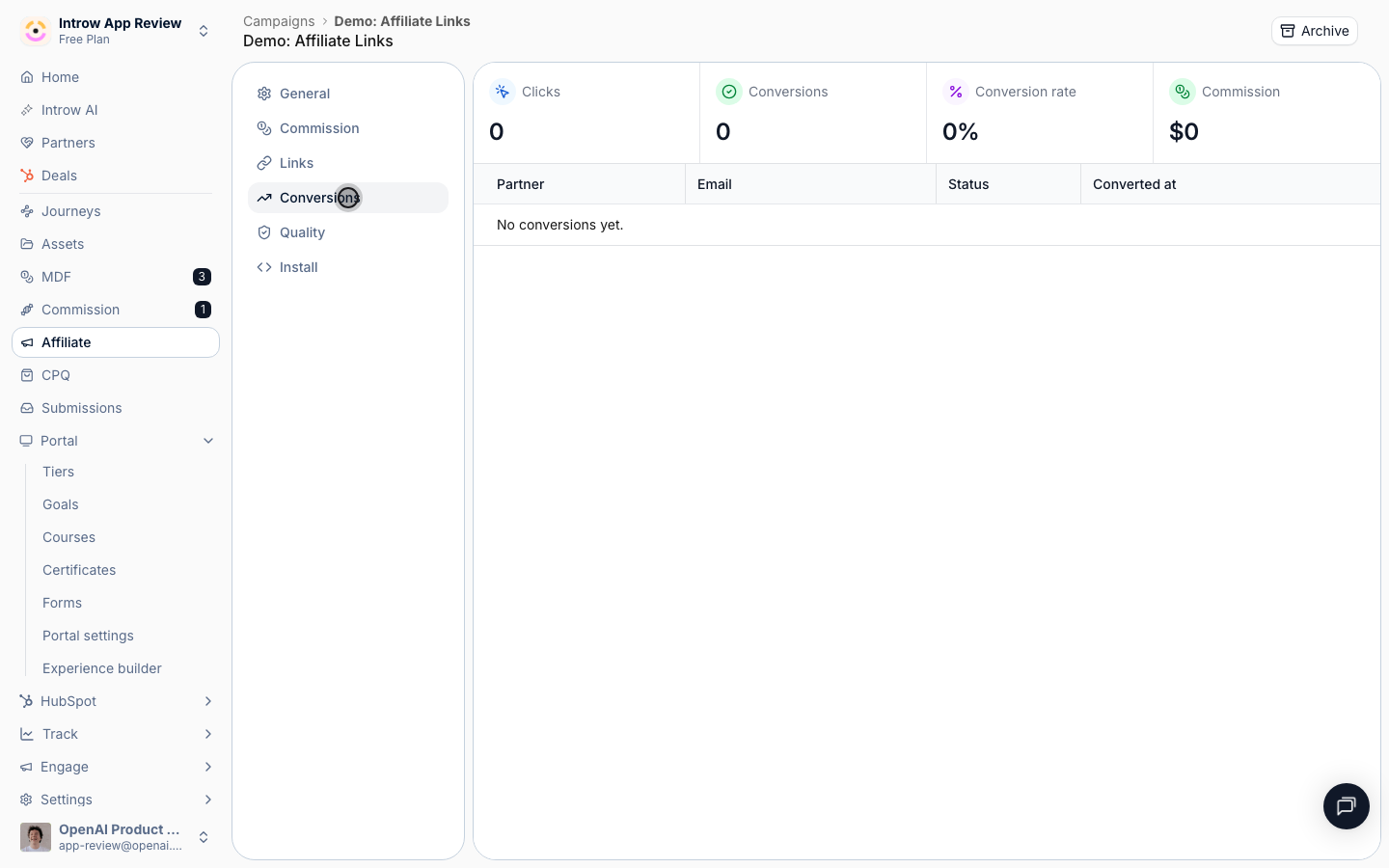 The Conversions tab shows clicks, conversions, and rate, plus each conversion's partner, email, and status.