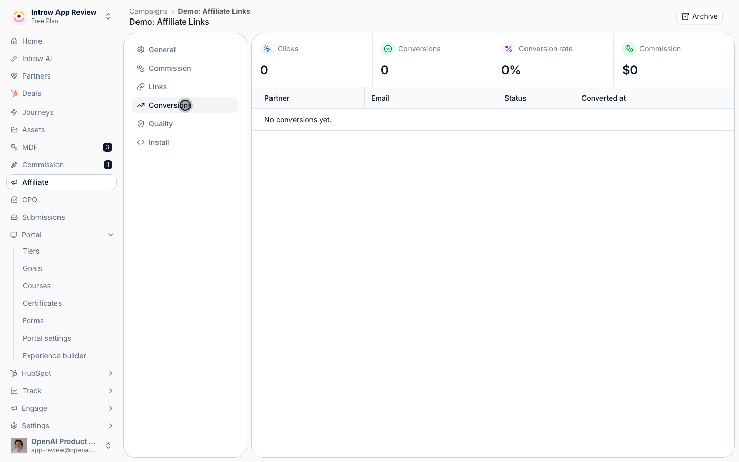 The Conversions tab shows clicks, conversions, and rate, plus each conversion's partner, email, and status.