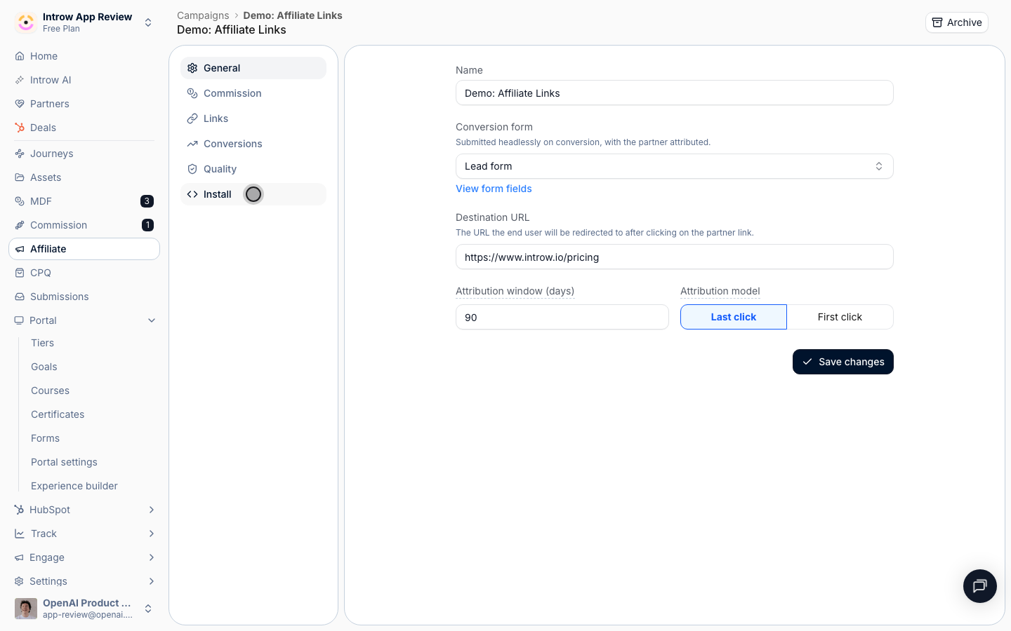 The snippet, the tracking methods, and the allowed origins all live on the Install tab.