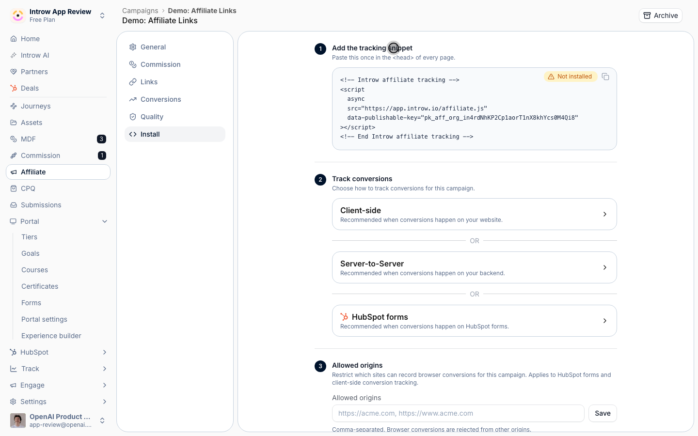 The same snippet tracks the click and listens for HubSpot form submissions, with no embed-code changes needed.