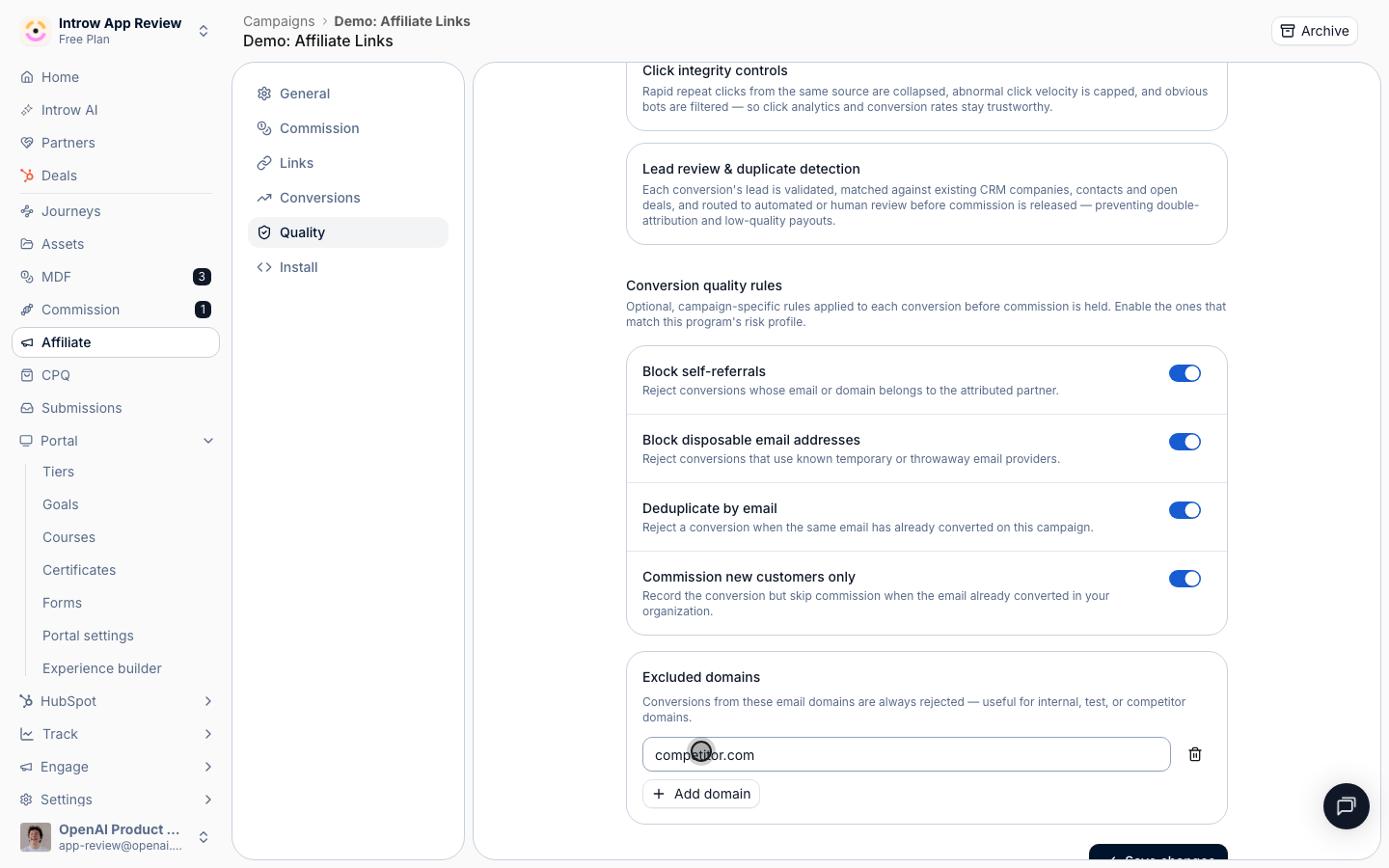 Always reject conversions from internal, test, or competitor domains; add one per row.