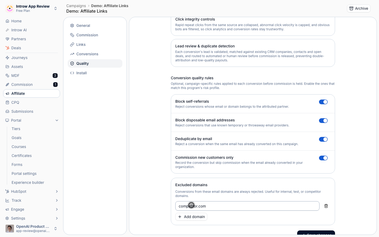 Always reject conversions from internal, test, or competitor domains; add one per row.