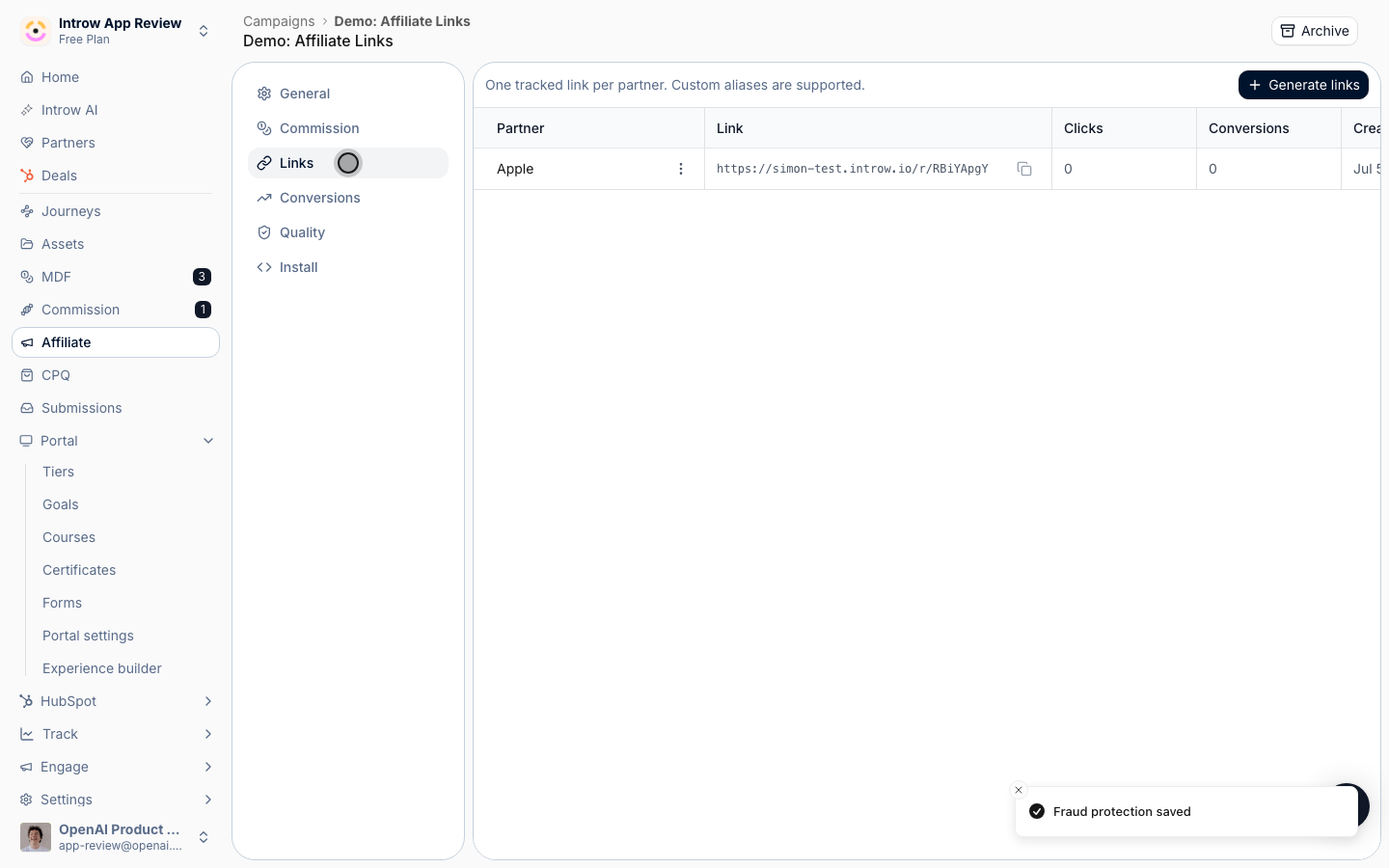 The Links tab shows Accepted, Declined, Failed, and Pending per partner, and a Review pill flags suspect traffic.