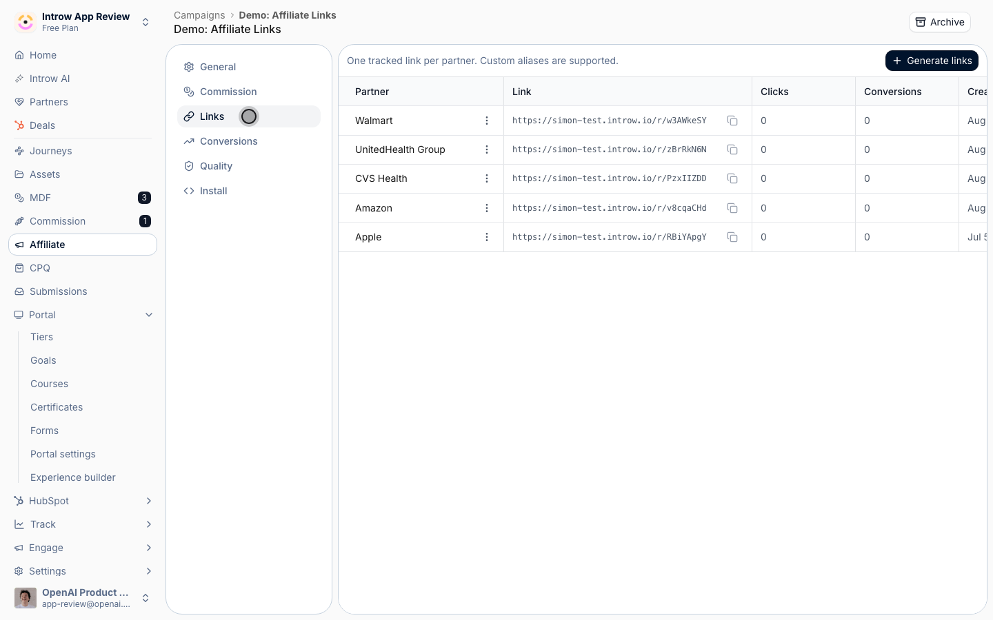 The Links tab shows Accepted, Declined, Failed, and Pending per partner, and a Review pill flags suspect traffic.