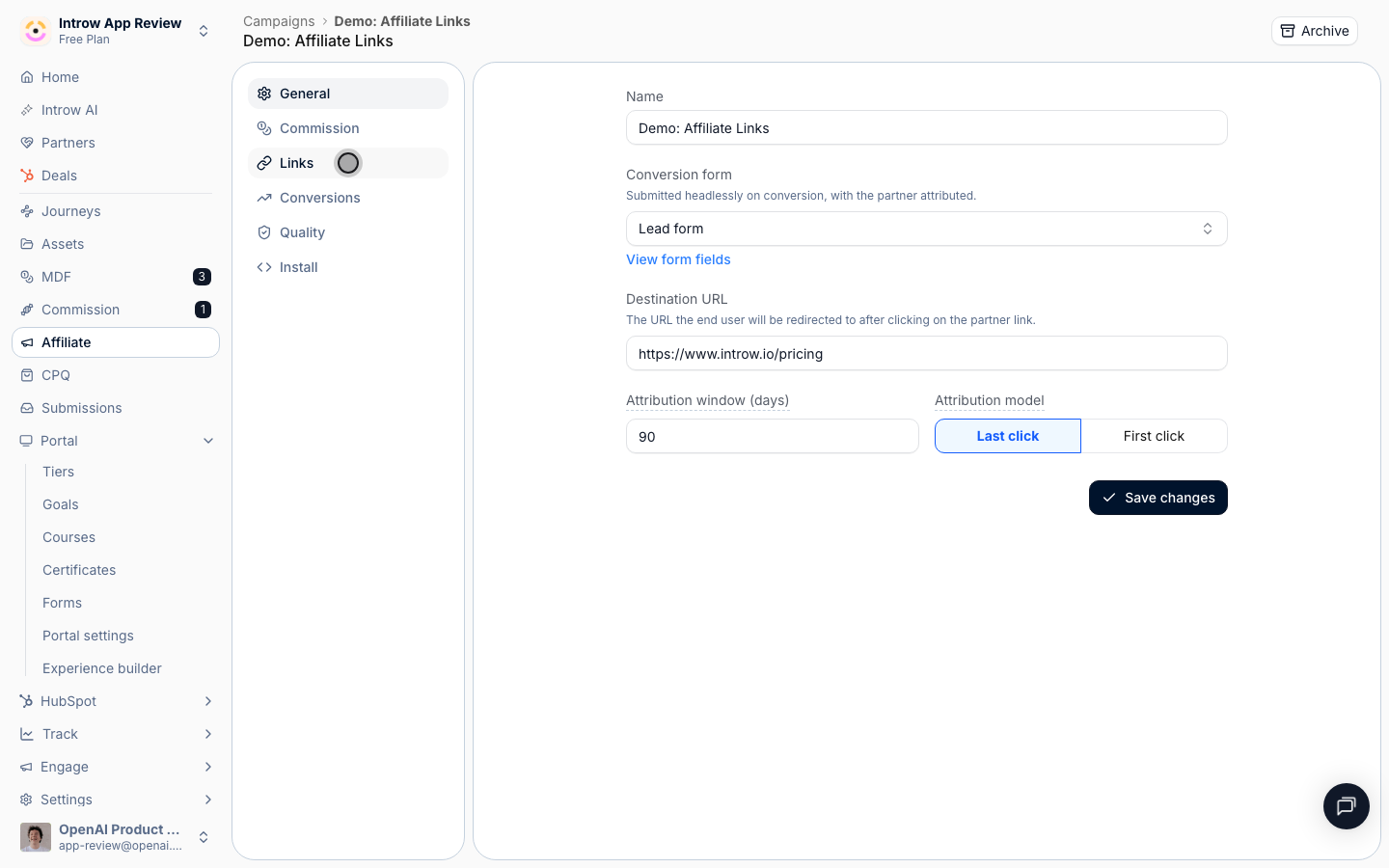 The Links tab lists one tracked link per enrolled partner.