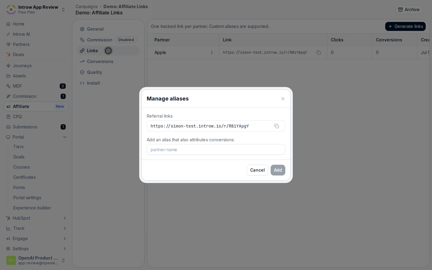 Open Manage aliases for the partner