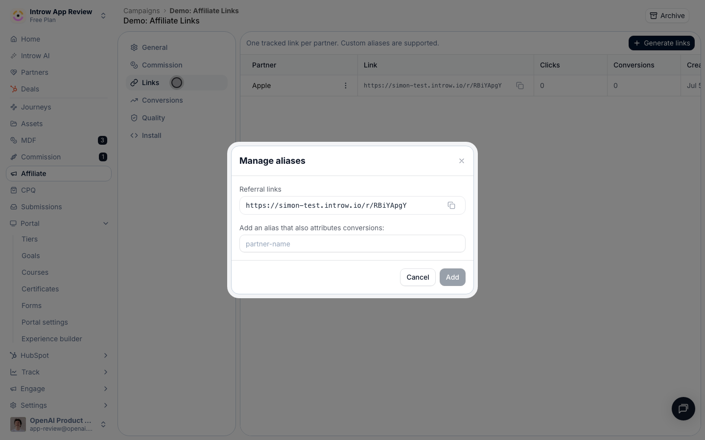 Open the partner row's actions and choose Manage aliases.