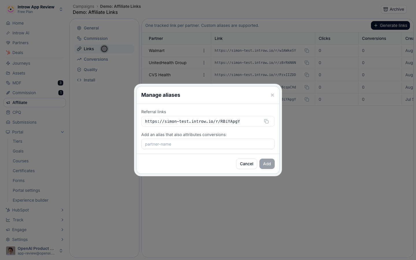 Open the partner row's actions and choose Manage aliases.