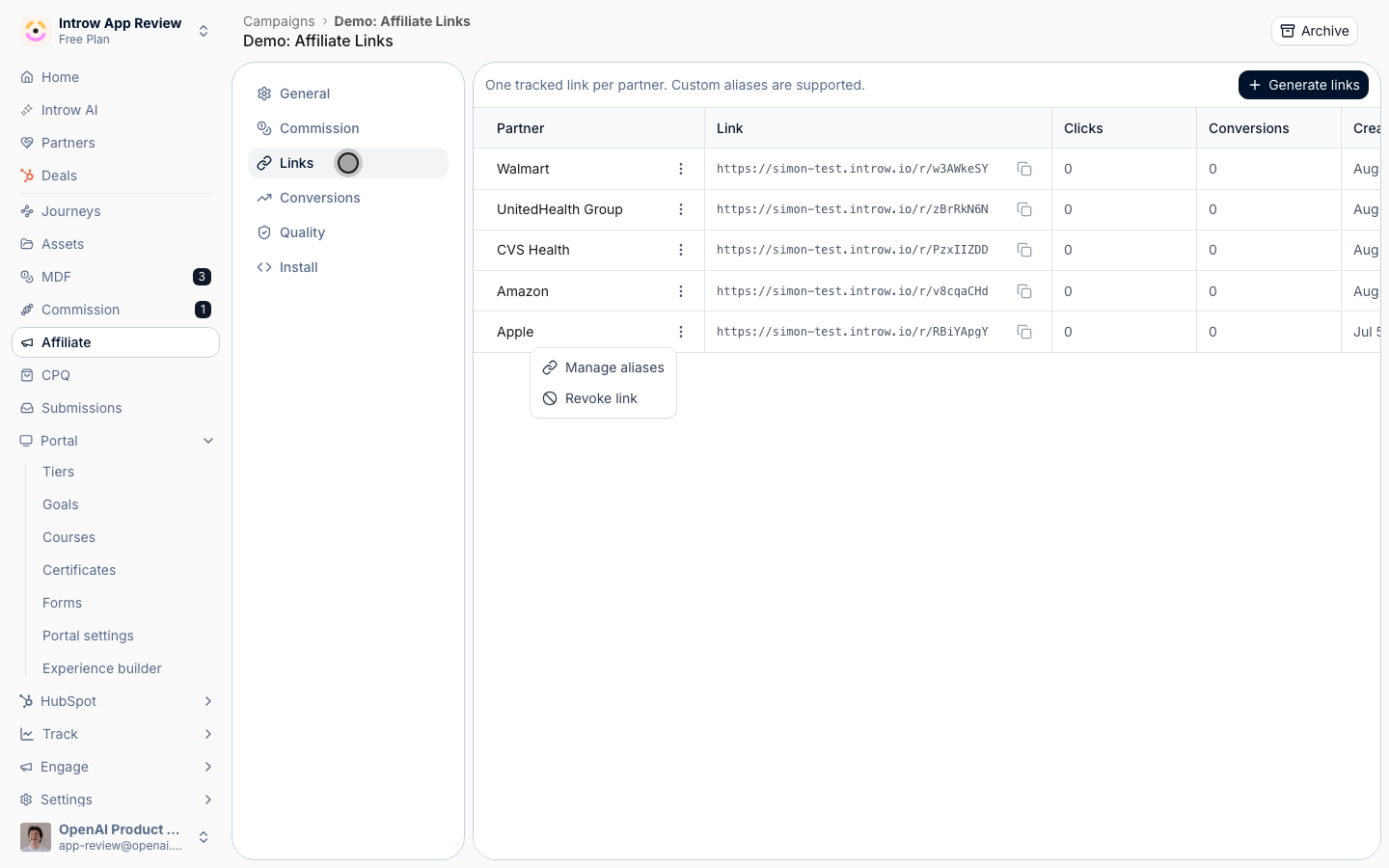 The Links tab, listing one tracked link per partner with its clicks and conversions, and the manage-aliases and revoke controls open on a row.