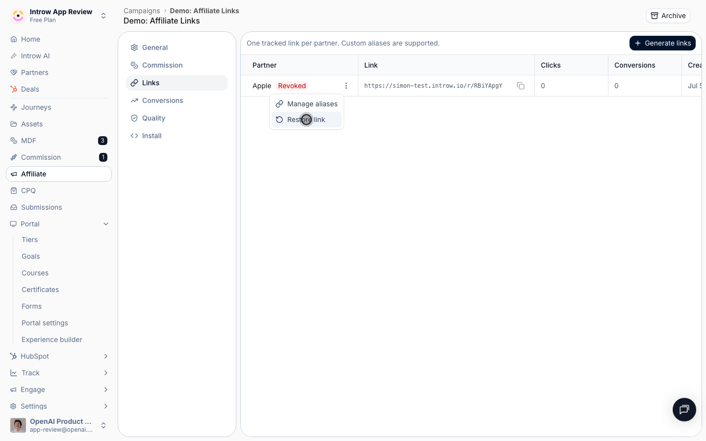 Restoring brings the code and all aliases back instantly, with no regeneration and history intact.