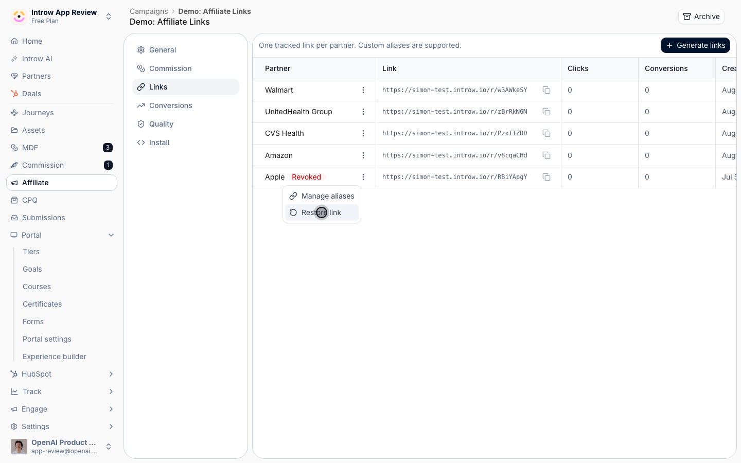 Restoring brings the code and all aliases back instantly, with no regeneration and history intact.