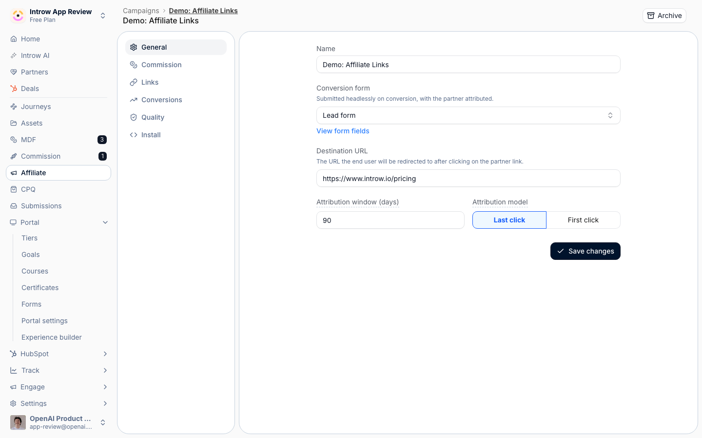 A campaign's Links tab, with one tracked link per partner and the clicks and conversions recorded against it.