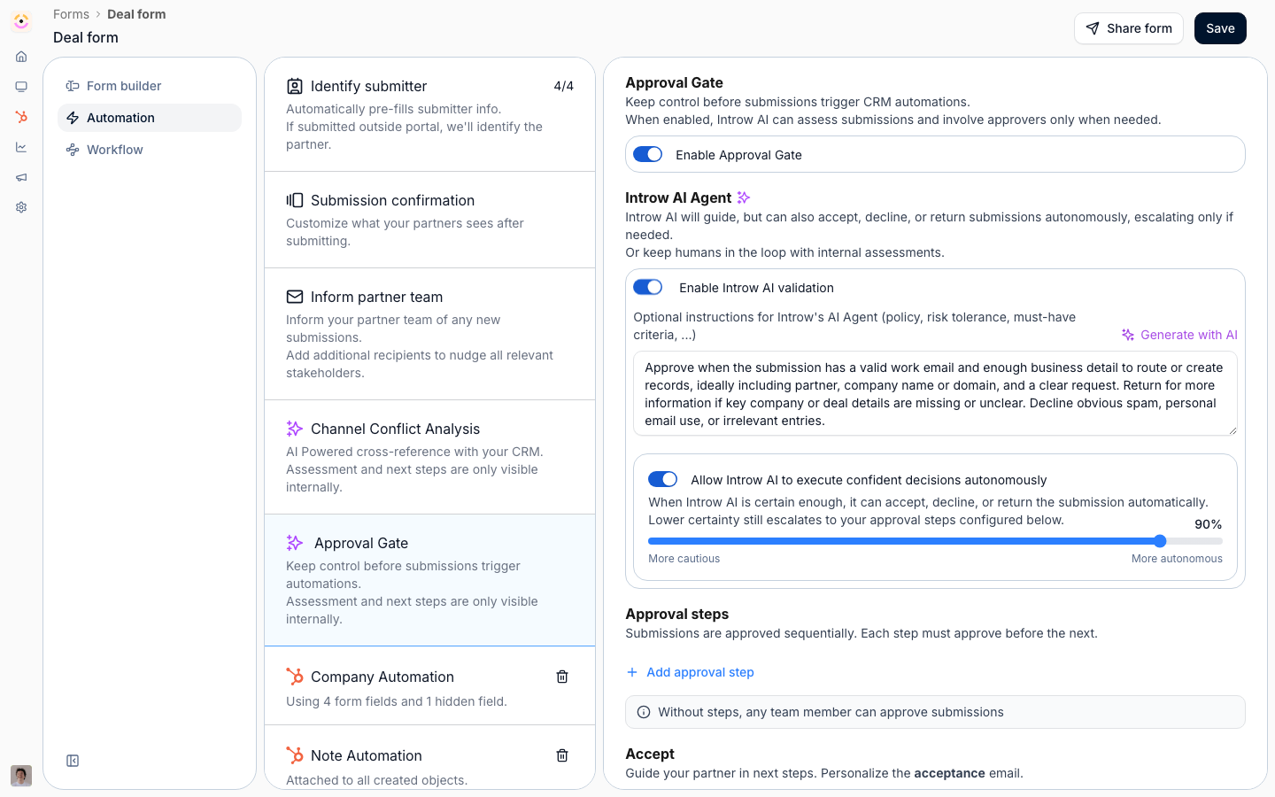 The Approval Gate on a form's automations, which holds a submission for a human decision before any automation runs on it.
