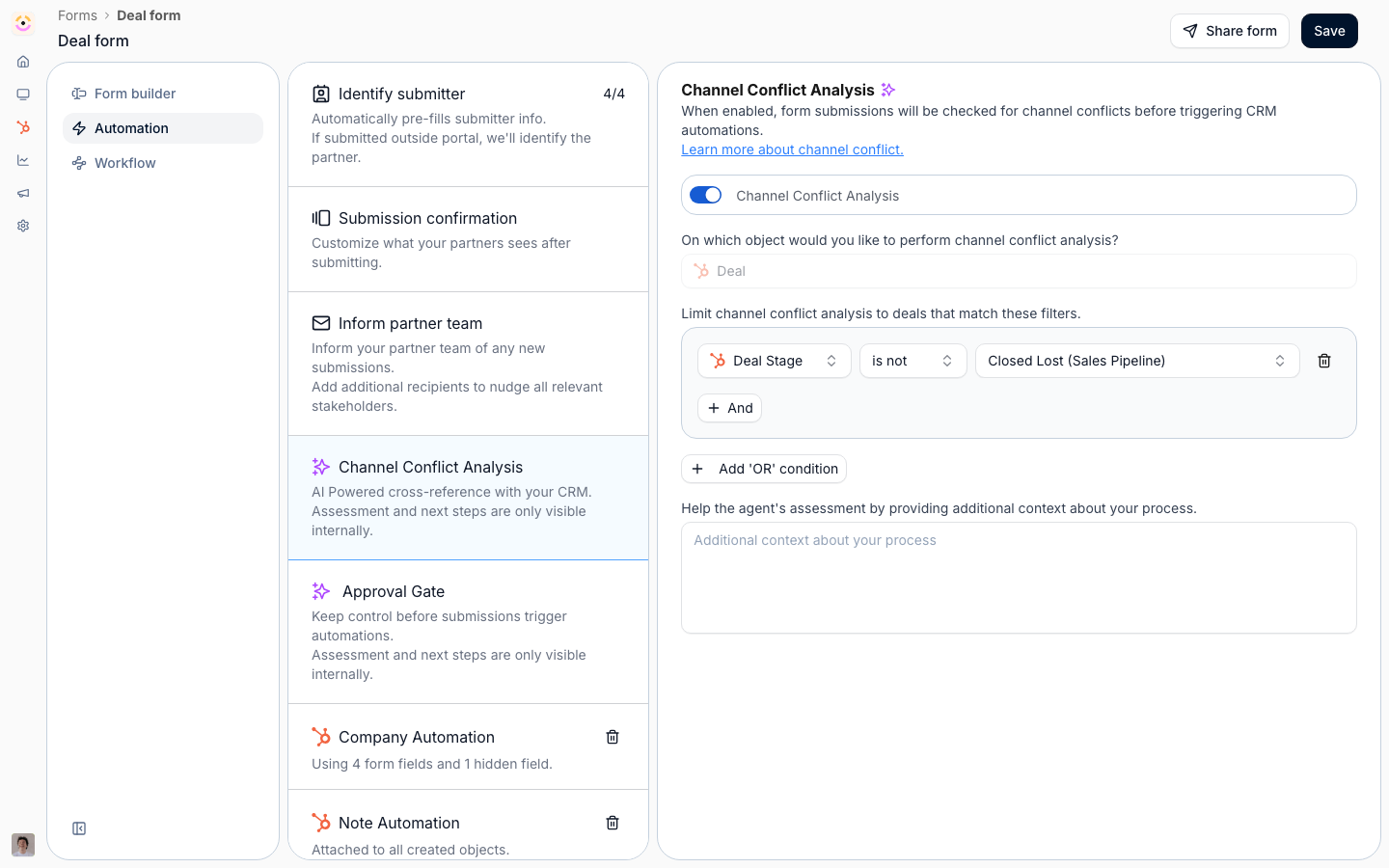 The Channel Conflict Analysis automation on a deal registration form, cross-referencing the CRM for an existing opportunity before the registration is accepted.
