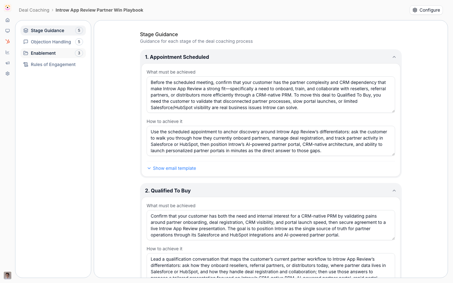 A deal coach's stage guidance, spelling out what must be achieved and how to achieve it at each pipeline stage, alongside objection handling and enablement.