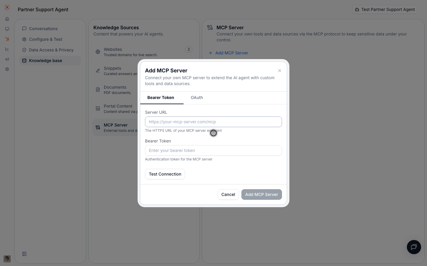 Add your HTTPS Server URL and Bearer Token, run Test Connection, then Add the server.